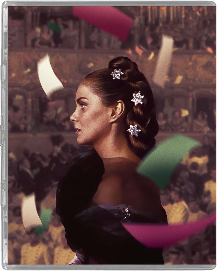  Interior Blu-ray artwork for Senso, showing Alida Valli in profile amid falling colorful confetti with an opera house audience blurred in the background.