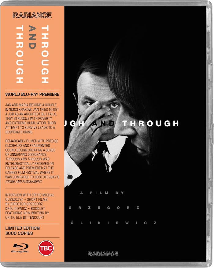  Close-up of the Through and Through Blu-ray slipcover from Radiance Films, highlighting the World Blu-ray Premiere, film synopsis, and special features on the orange strip.
