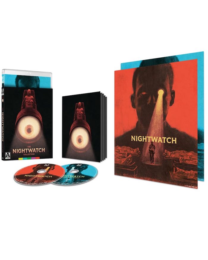 Full display of The Nightwatch Collection Blu-ray set from Arrow Video, including slipcover, two discs, booklet, and alternate key art for Nightwatch.