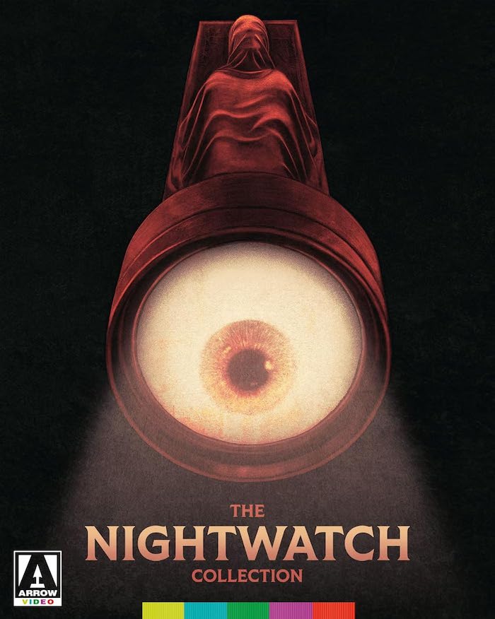 Cover art for The Nightwatch Collection from Arrow Video, featuring a shrouded red statue above a glowing flashlight with an eyeball inside the lens.