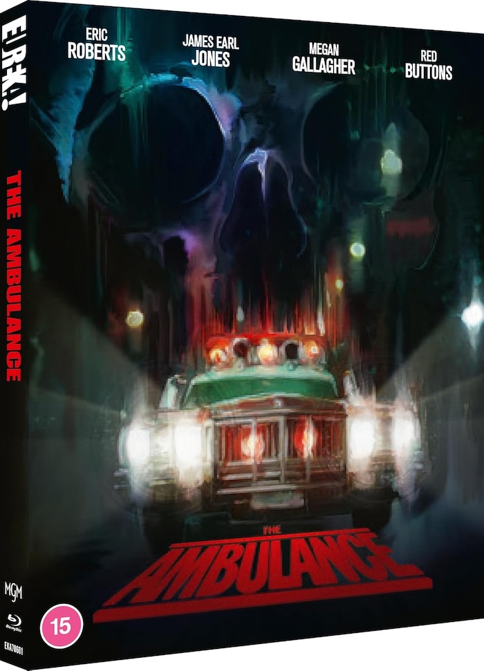 Stylized cover art for The Ambulance Blu-ray from Eureka’s “Eureka Classics” line. The image features a blazing ambulance with headlights on, emerging from a dark, neon-lit cityscape. Above it, a skull-shaped silhouette looms ominously in the background. The names “Eric Roberts,” “James Earl Jones,” “Megan Gallagher,” and “Red Buttons” are displayed at the top. Title text reads: “The Ambulance” in bold red letters.