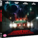 Thumbnail image of The Ambulance Blu-ray slipcover from Eureka Classics. It shows a glowing ambulance driving out of a shadowy city street with a giant skull hidden in the mist above. The film’s title appears in bold red font at the bottom.