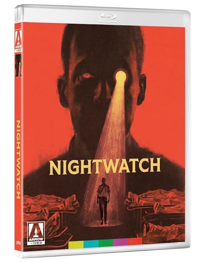 Arrow Video Blu-ray case for Nightwatch (1994), with bold red cover showing a beam of light shooting from a man’s eye toward a morgue hallway.