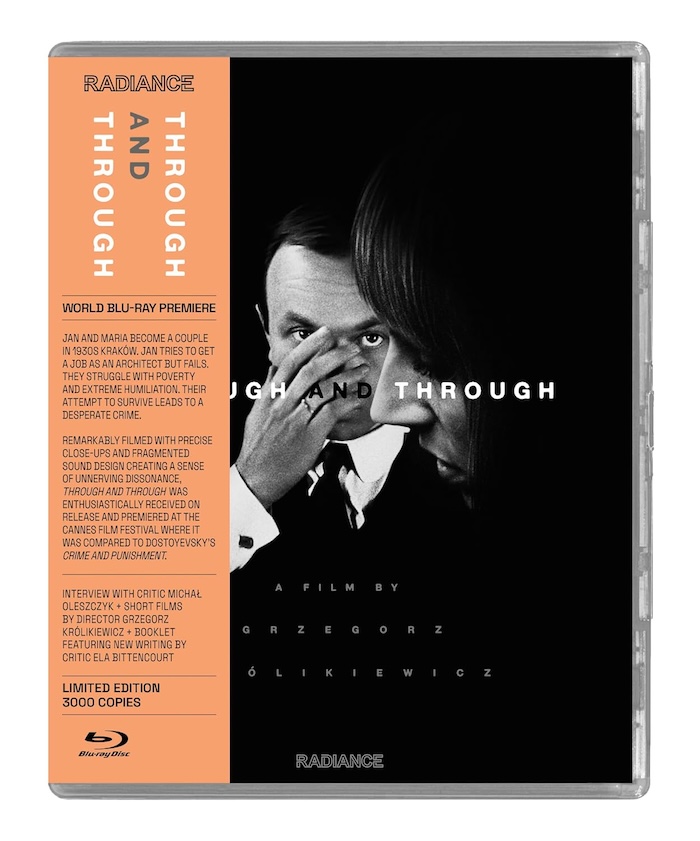 Radiance Films Blu-ray packaging for Through and Through (1973), featuring a black-and-white cover image with orange spine and detailed synopsis.