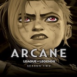 A smaller, square version of the Arcane Season Two promotional image, featuring the same close-up of the animated character with pink eyes and a distressed look, framed tightly with the series title text below.
