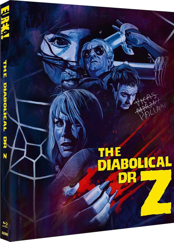 Stylized artwork of The Diabolical Dr. Z Blu-ray slipcover from Eureka’s Masters of Cinema line. The cover features a blue and red pulp-inspired illustration with characters in dramatic poses, including a woman with clawed gloves, a scientist in dark glasses, and a large spider web in the background. The film’s title is displayed in bold yellow and red text on the lower right.