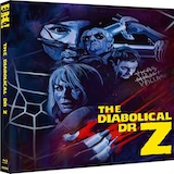 Thumbnail version of The Diabolical Dr. Z Blu-ray slipcover with the same vivid, comic-style art. The main elements include masked faces, laboratory instruments, and a spider web motif, all set against a moody blue and red color palette with the film’s title in large yellow type.
