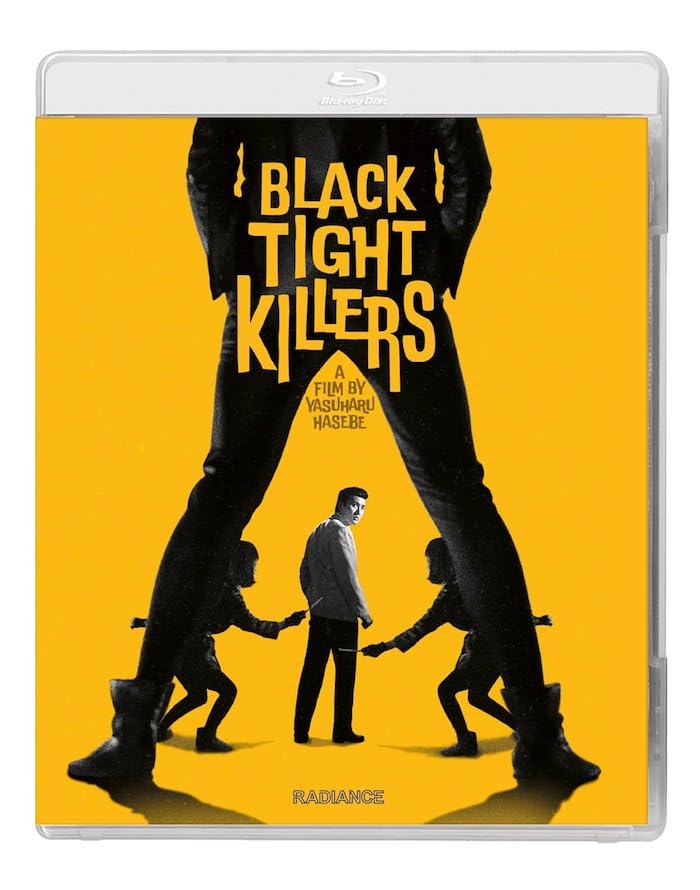 Blu-ray cover (front, yellow design): “Black Tight Killers (1966) Blu-ray cover artwork from Radiance Films featuring bold yellow background, silhouetted legs, and central figure of Akira Kobayashi.”