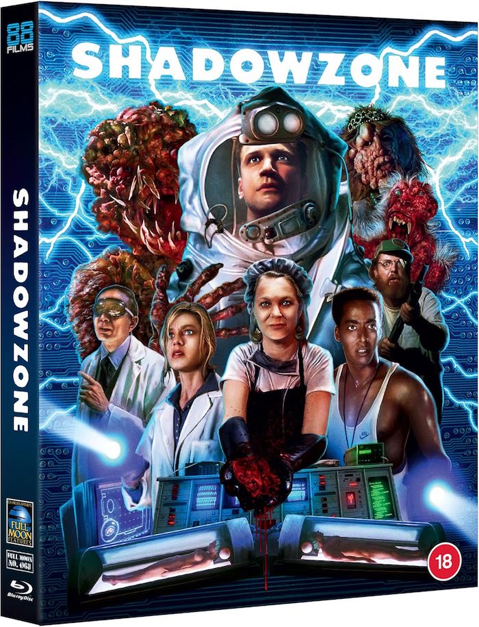 Shadowzone Blu-ray slipcase artwork by 88 Films UK featuring scientists, monsters, and lightning design.