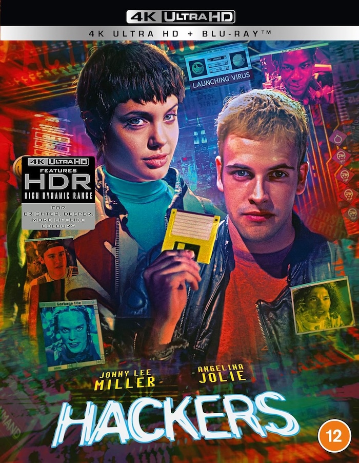 Hackers 4K UHD Blu-ray slipcover front (88 Films UK) – colorful artwork featuring Jolie and Miller, HDR logo, and rating badge.