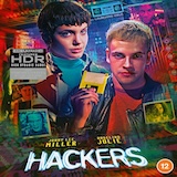 Hackers 4K UHD Blu-ray cover art (88 Films UK edition) – Jonny Lee Miller and Angelina Jolie with retro computer graphics and neon design.