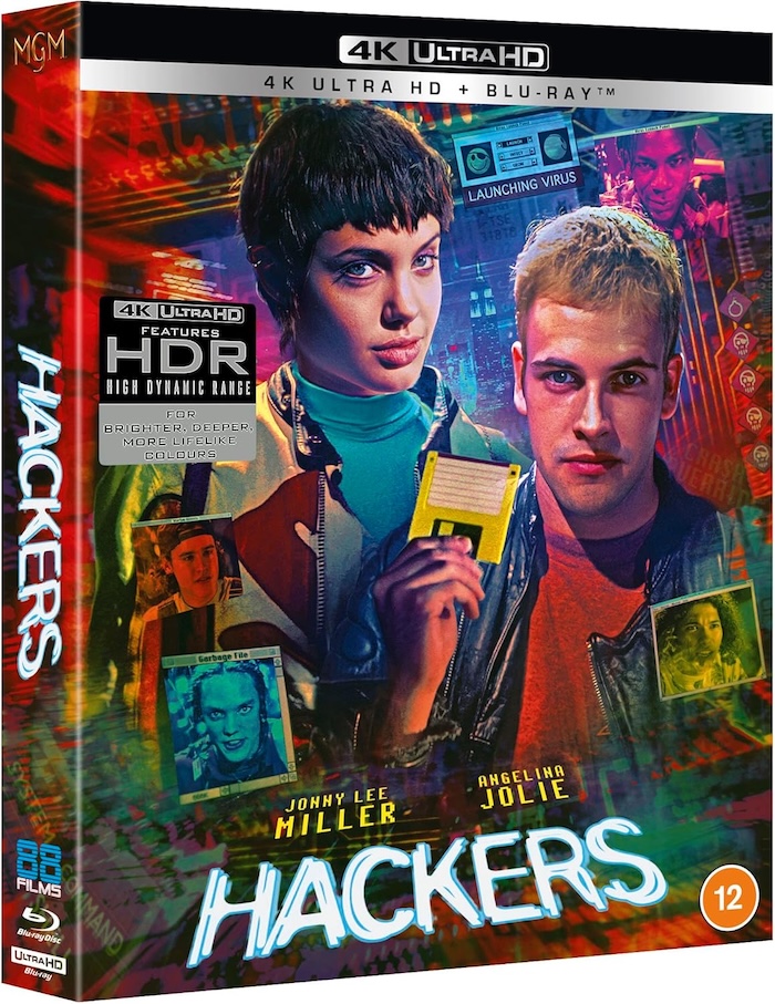 Hackers 4K UHD Blu-ray packaging (88 Films Deluxe Edition) – slipcase with disc spine visible, showing vibrant cover artwork and 88 Films branding.