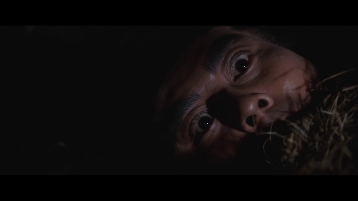 Close-up of man’s eyes – Suspenseful close-up of a man’s wide eyes in The Snow Woman (1968), lit in near darkness.