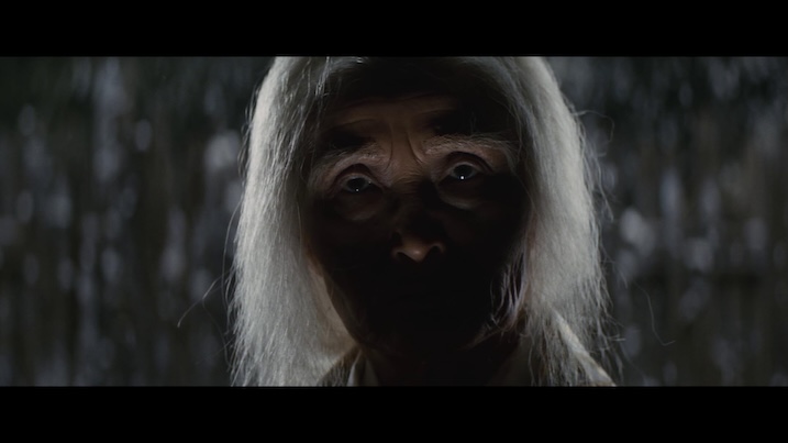 Elderly woman in shadow – Ominous close-up of an elderly woman with white hair in The Snow Woman (1968), face half-hidden in shadow.