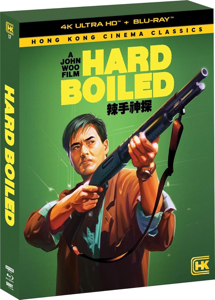 Hard Boiled 4K UHD Blu-ray box art – Cover artwork for John Woo’s Hard Boiled, part of Shout Studios’ Hong Kong Cinema Classics line, featuring Chow Yun-Fat holding a shotgun against a green background.