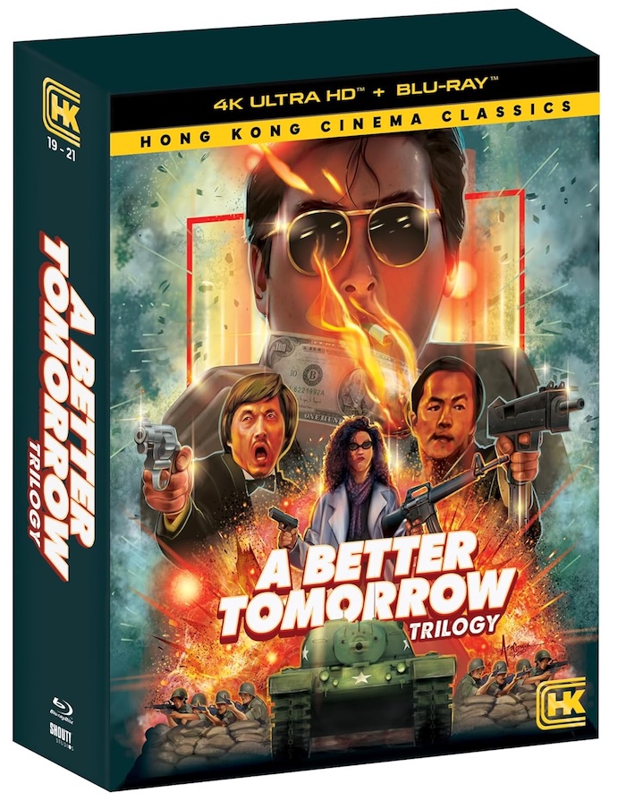 A Better Tomorrow Trilogy 4K UHD Blu-ray box art – Cover artwork for A Better Tomorrow Trilogy in the Hong Kong Cinema Classics line, showing Leslie Cheung, Ti Lung, and Chow Yun-Fat with fiery explosions and a tank below.