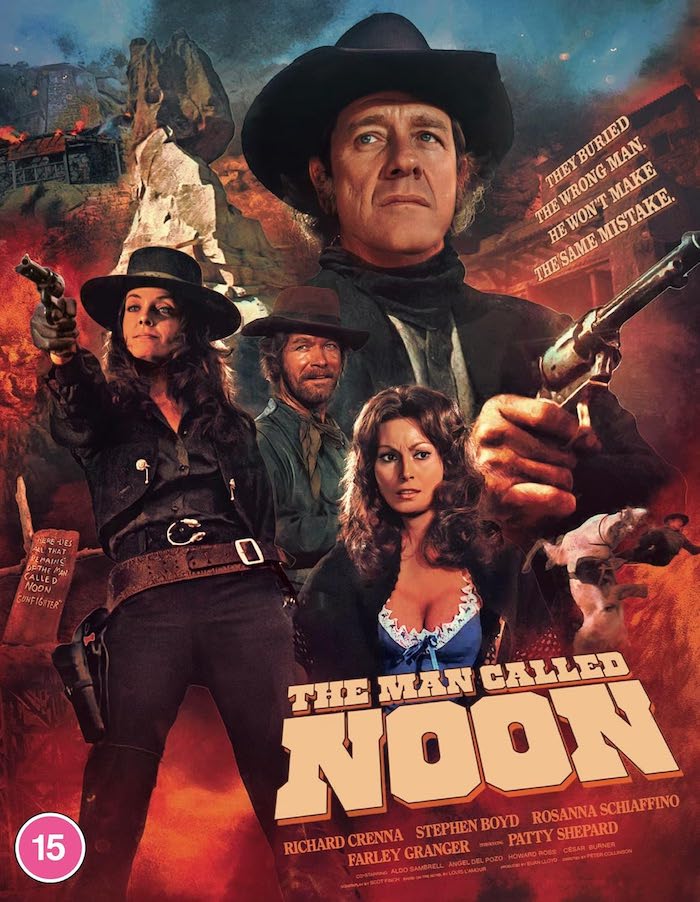 Close-up artwork of The Man Called Noon (1973) Blu-ray release from 88 Films, with Richard Crenna and co-stars illustrated in a dramatic western poster design.