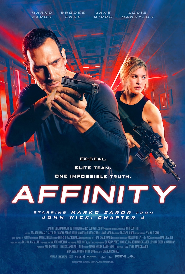 Image 5: Full-size theatrical poster for Affinity (2025) highlighting Marko Zaror and Brooke Ence with bold red and blue colors and action-thriller design.