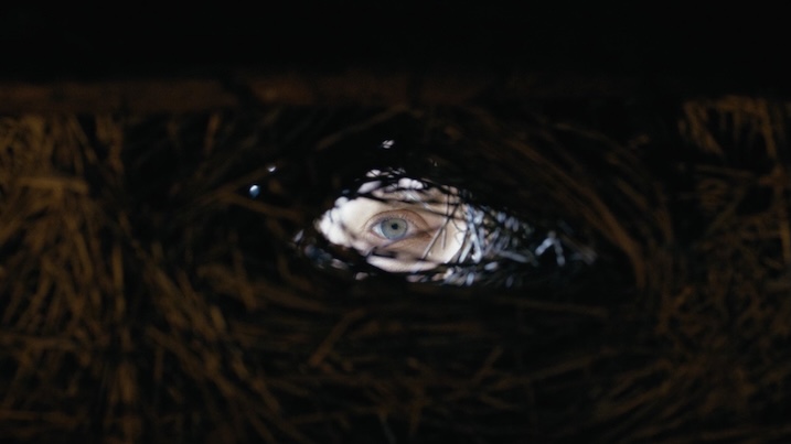 Image 3: A close-up of a fearful eye peering through a hole in the darkness from Shaman (2025), evoking paranoia and dread.