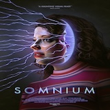 Poster (thumbnail version): Smaller promotional poster for Somnium showing the same woman’s face fractured by electric currents, film title at the bottom.